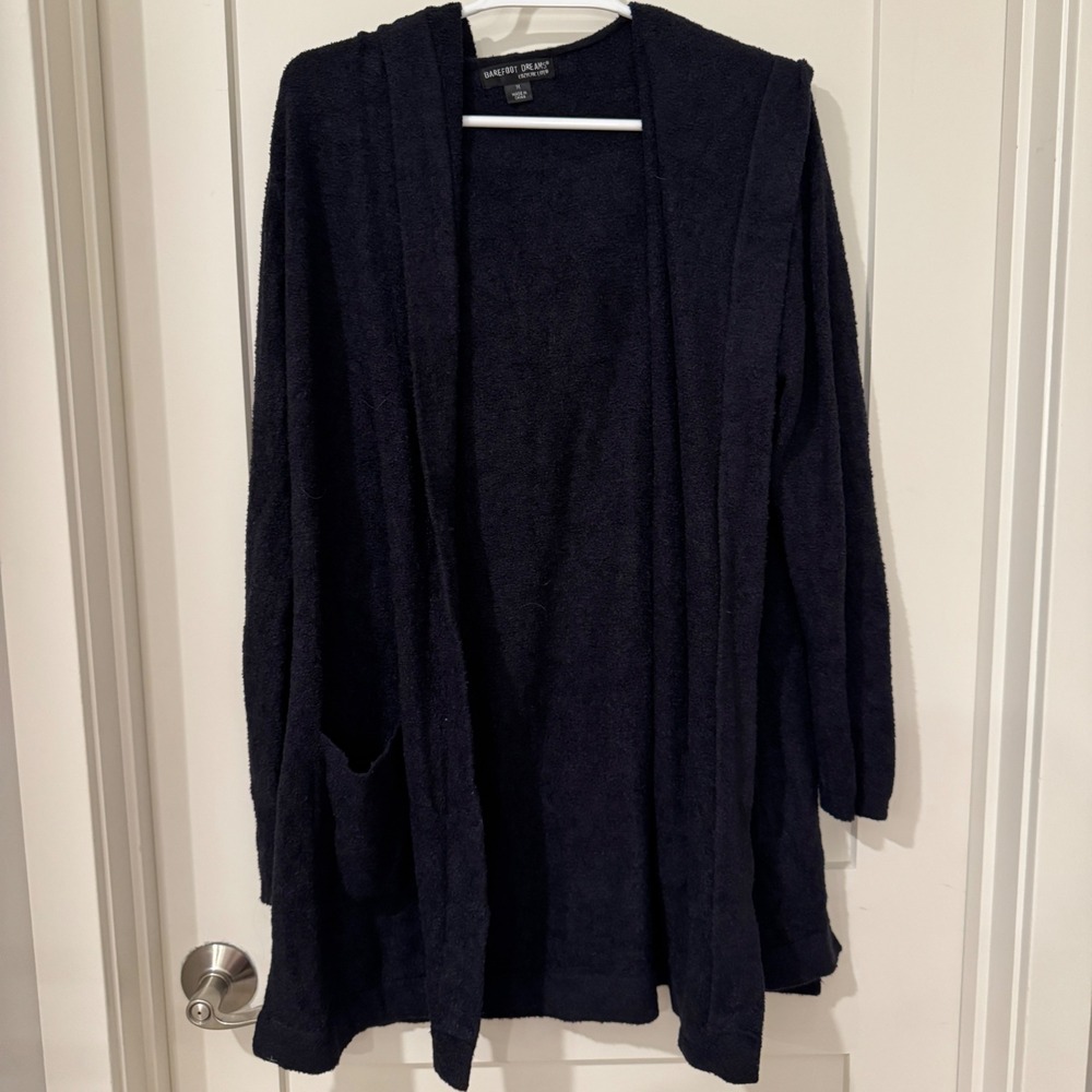 Barefoot Dreams CozyChic Lite Hooded Cardigan Black Open Front Pocket Sweater M